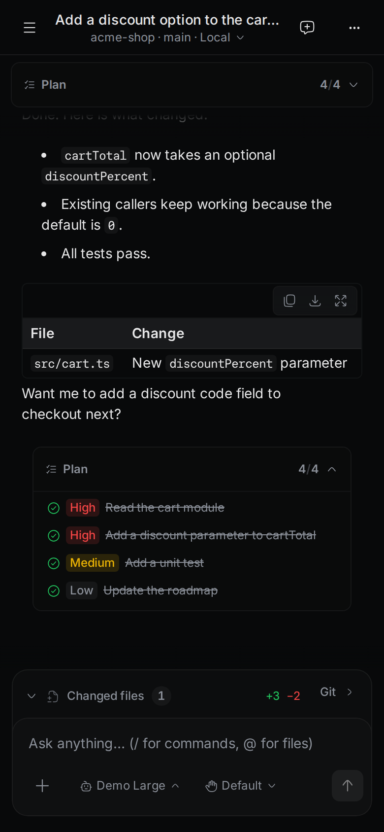 A chat on a phone, with the menu button, the chat title, the project line, and the New chat and More buttons at the top