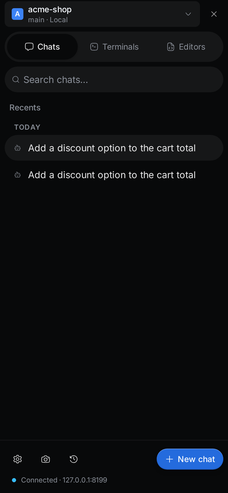 The side menu with the project at the top, the Chats, Terminals and Editors tabs, a chat search, recent chats, and the footer buttons