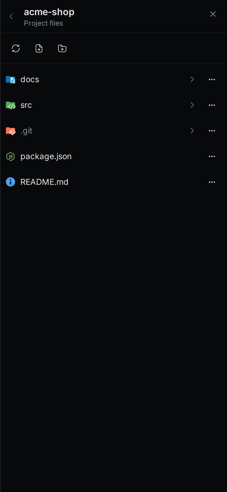 The file browser on a phone showing the folders and files of the acme-shop project