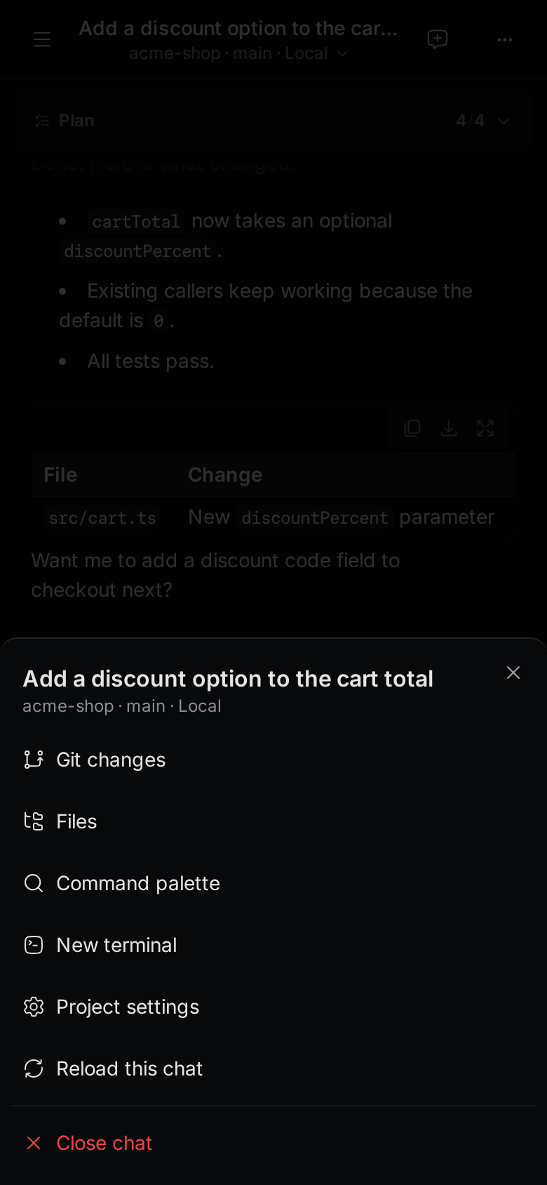 The More menu for a chat, with Git changes, Files, Command palette, New terminal, Project settings, Reload this chat and Close chat