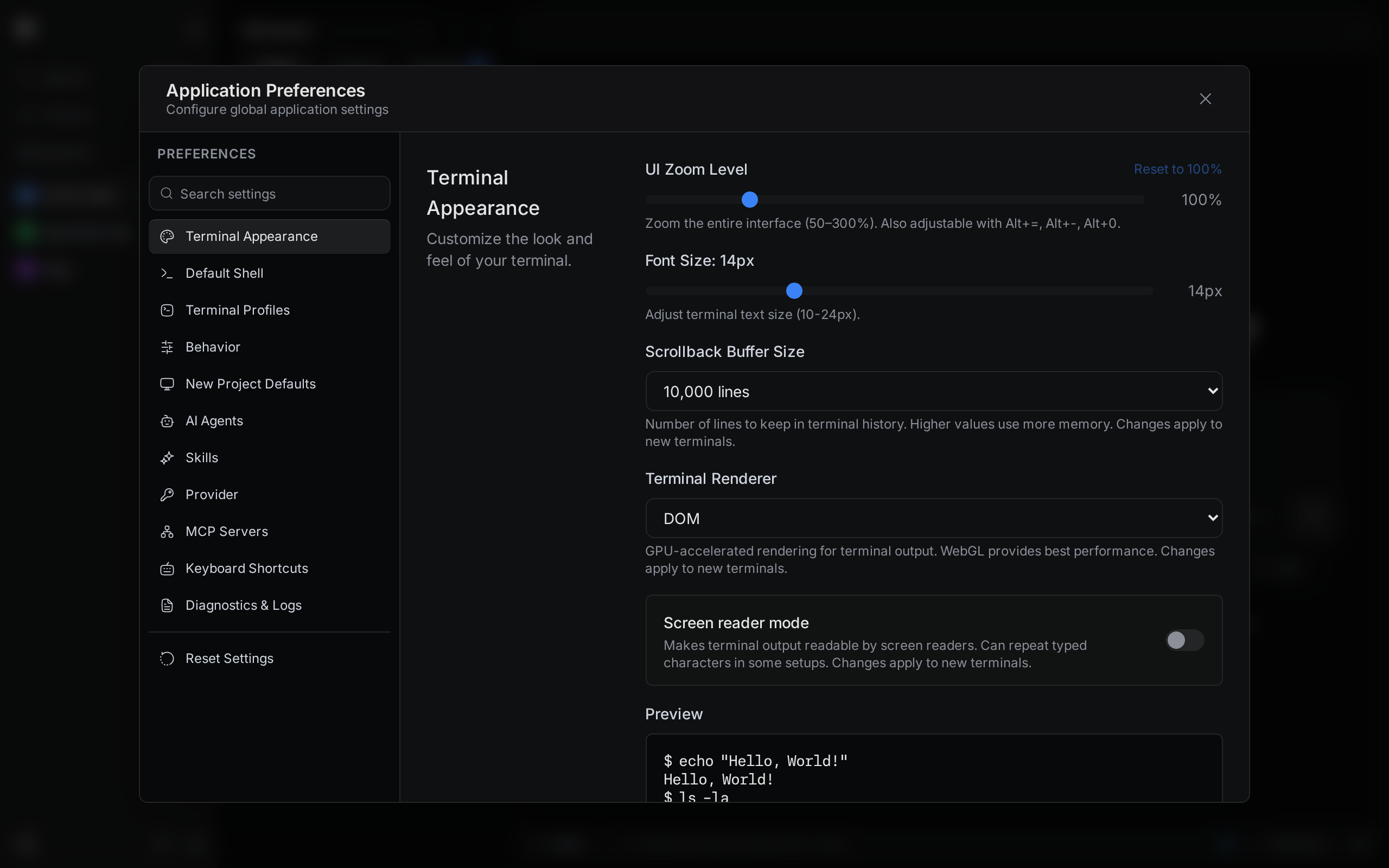 The Application Preferences window with its list of tabs on the left