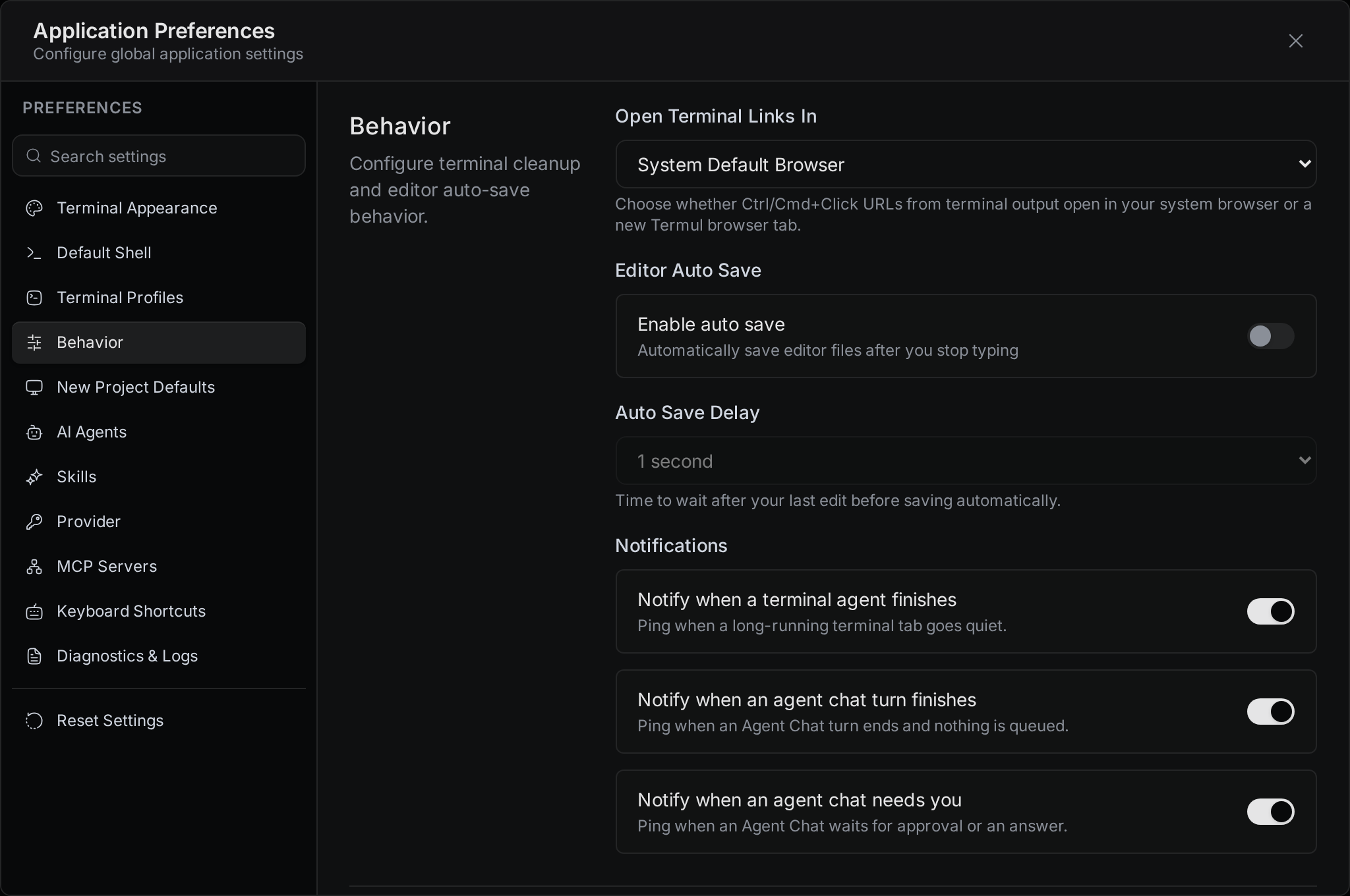 The Behavior tab with three notification switches, all on