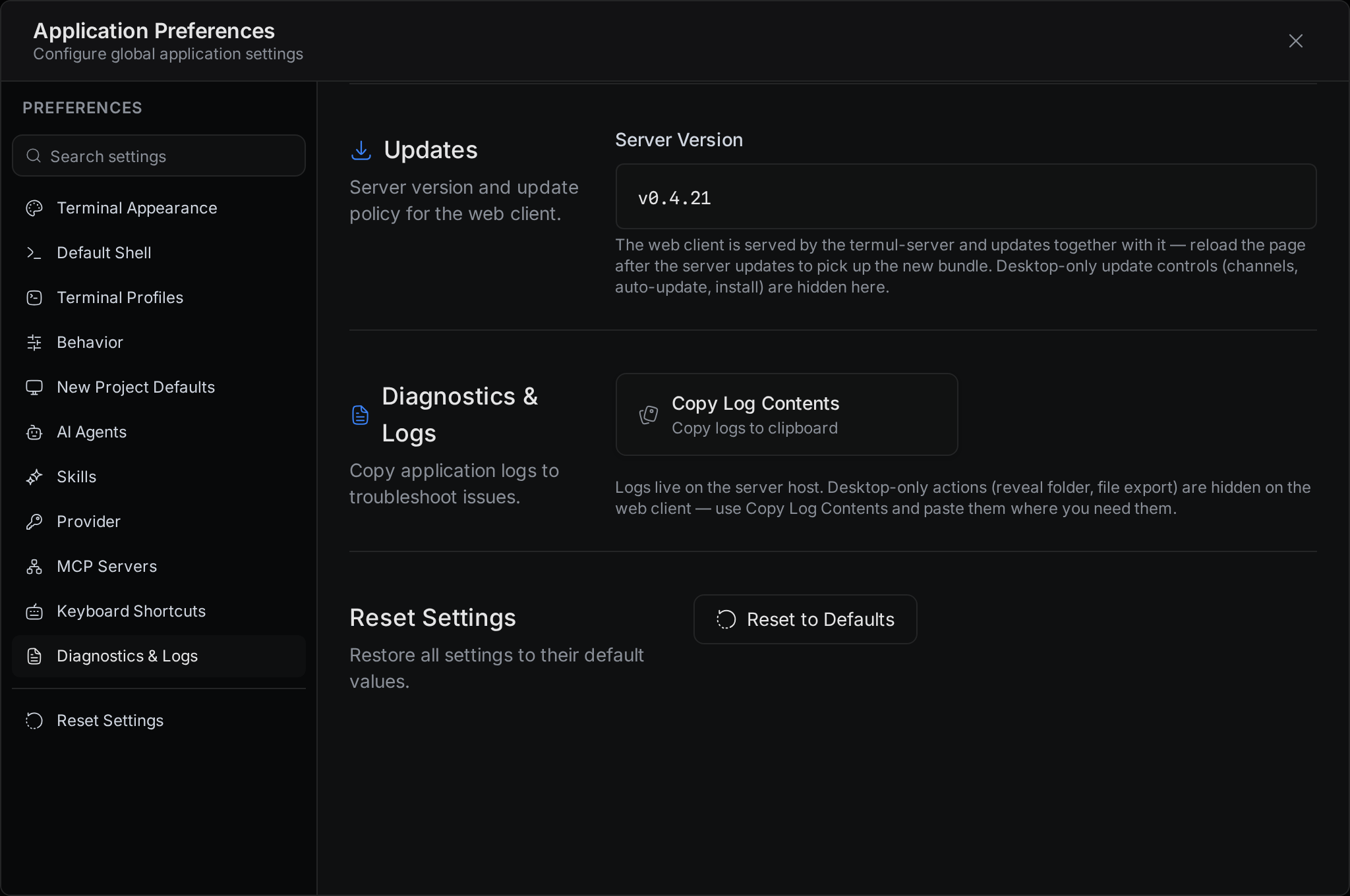 The Diagnostics and Logs tab in the browser version, with the Copy Log Contents button