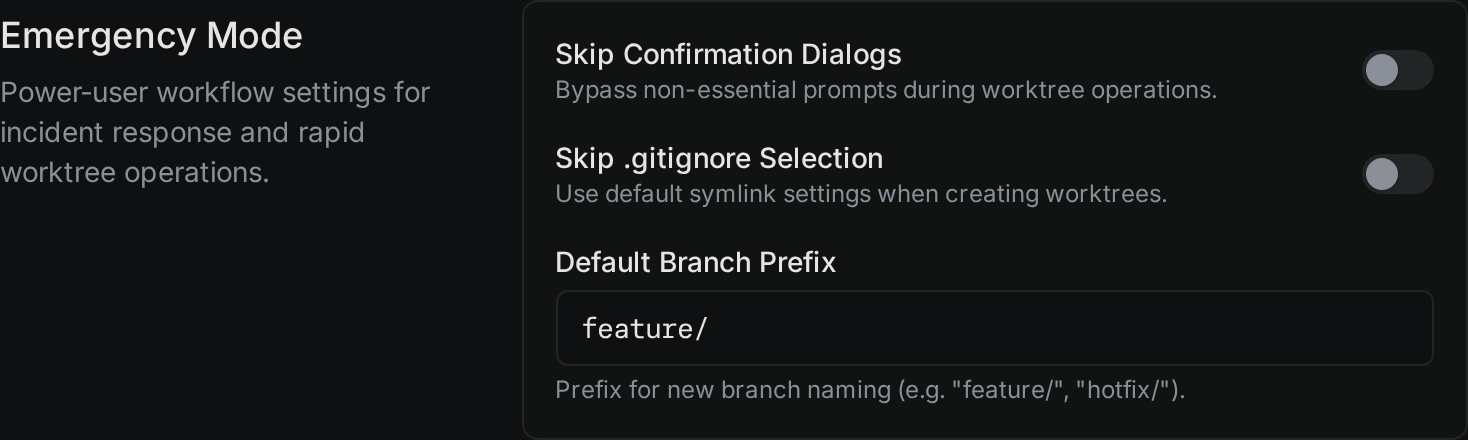The Emergency Mode tab with two switches and a branch prefix field
