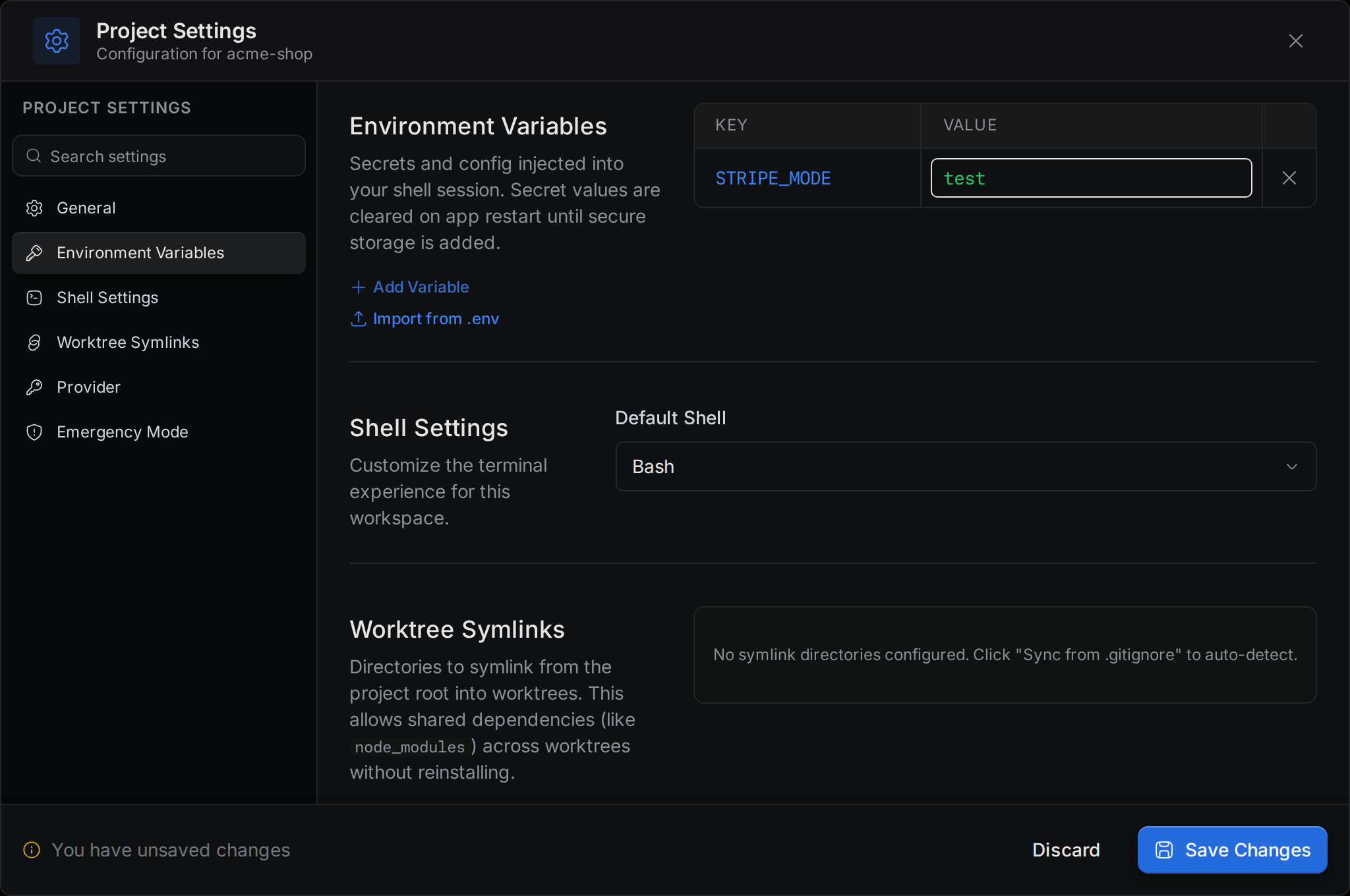 Environment Variables with one variable added and the Save Changes bar