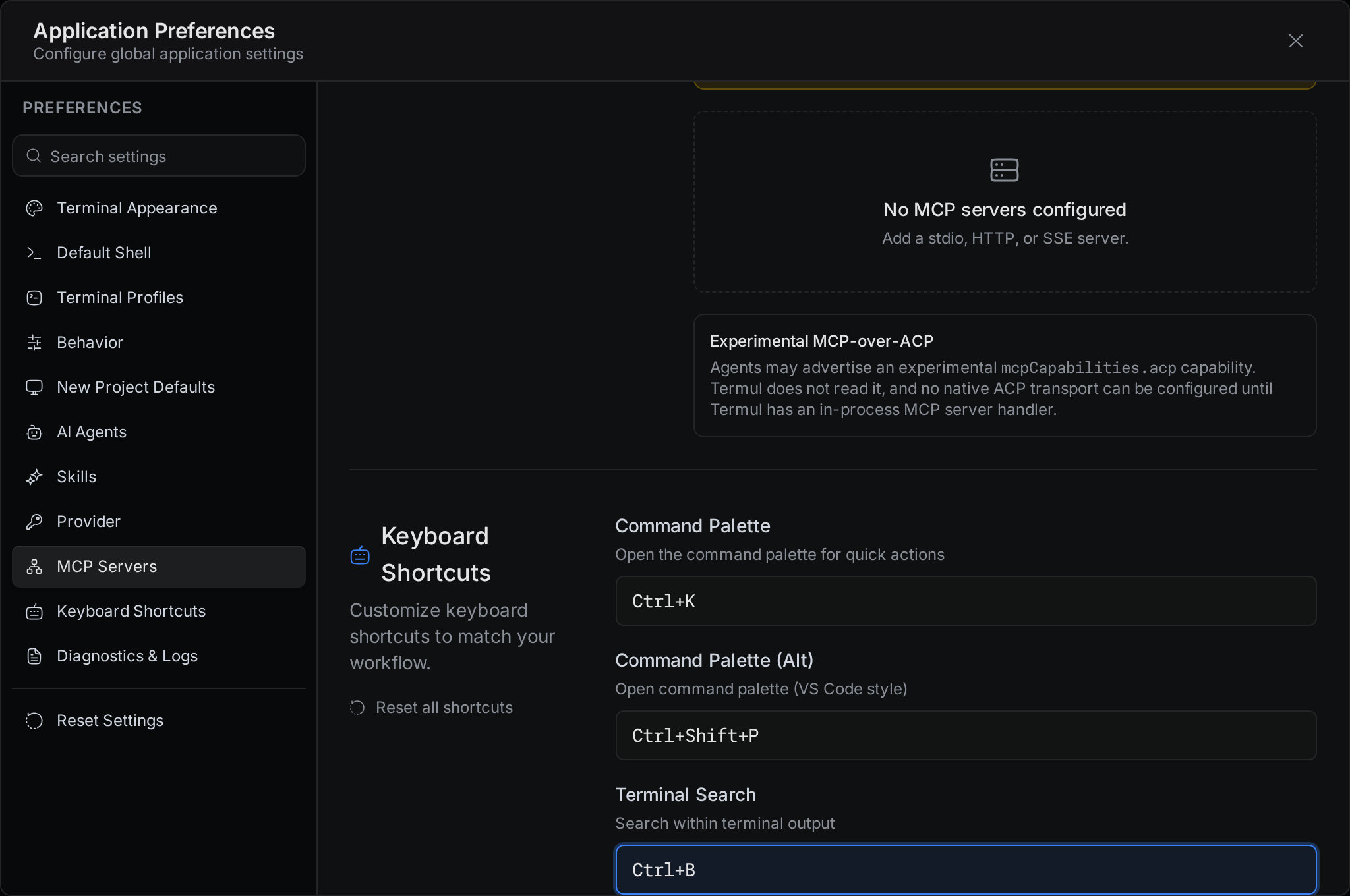 A conflict message under Terminal Search: Conflicts with "Toggle Side Panel", with a Use anyway link