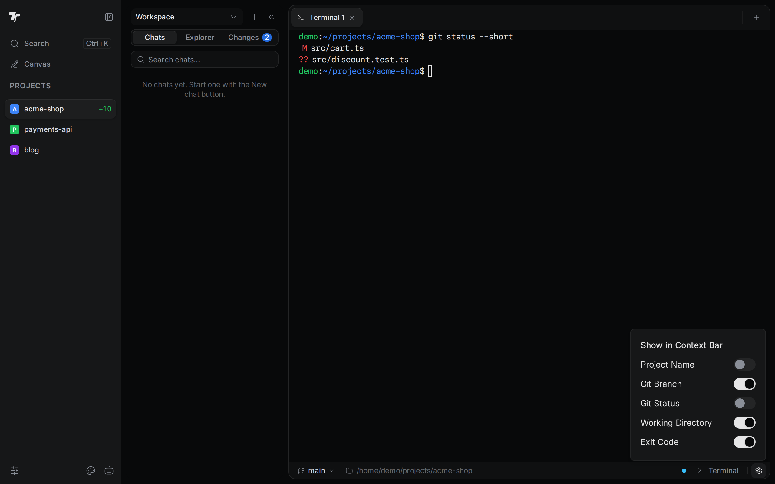 The Show in Context Bar menu with switches for Project Name, Git Branch, Git Status, Working Directory, and Exit Code