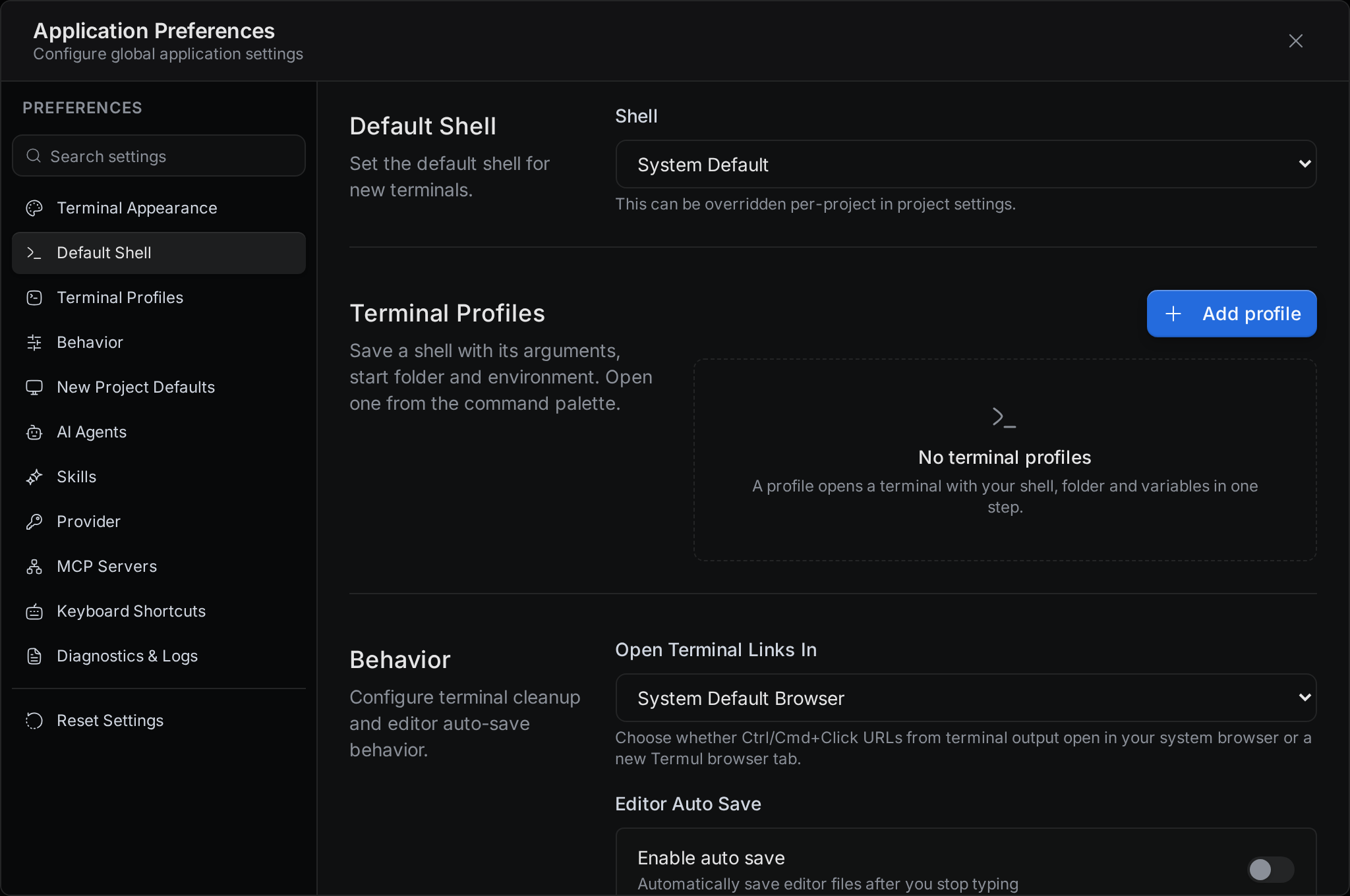 The Default Shell section of Application Preferences, with the Shell drop-down set to System Default