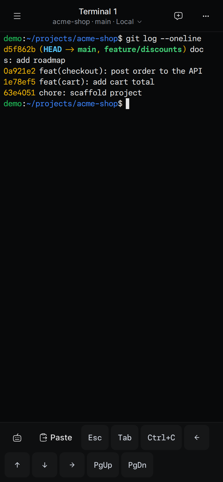 A terminal on a phone showing git log output, with the key row at the bottom