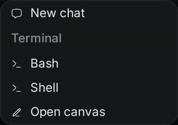 The New tab menu with New chat, the terminal shells, and Open canvas