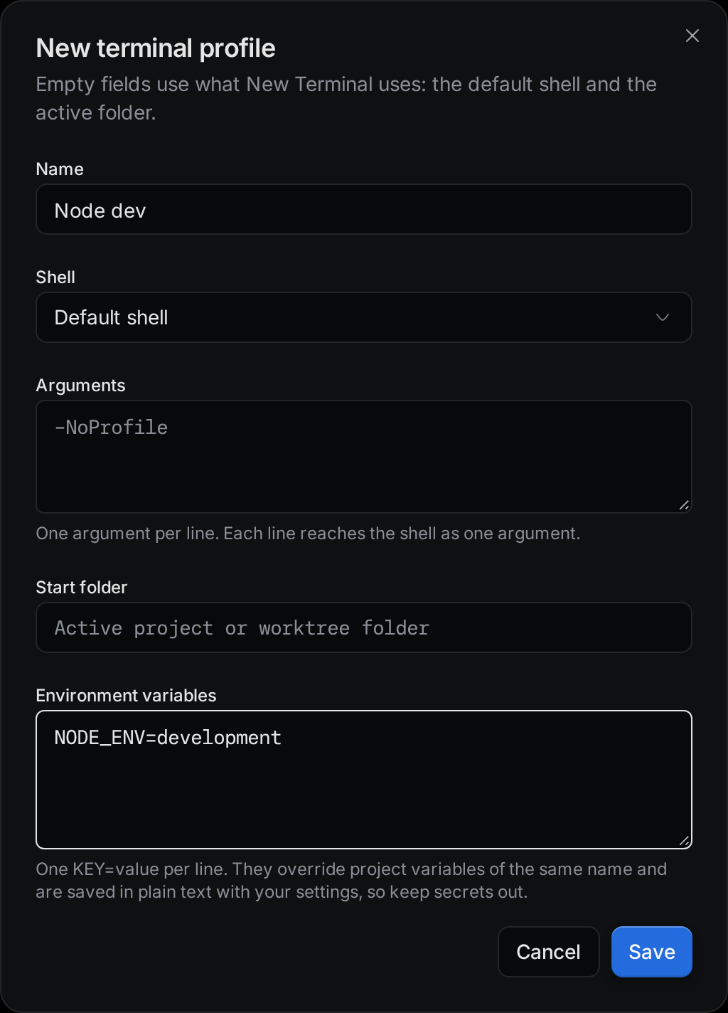 The New terminal profile dialog with the name Node dev and the variable NODE_ENV=development