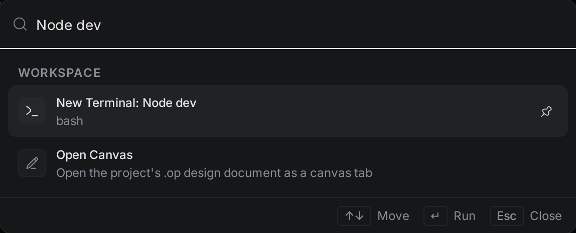 The command palette filtered to Node dev, with New Terminal: Node dev at the top