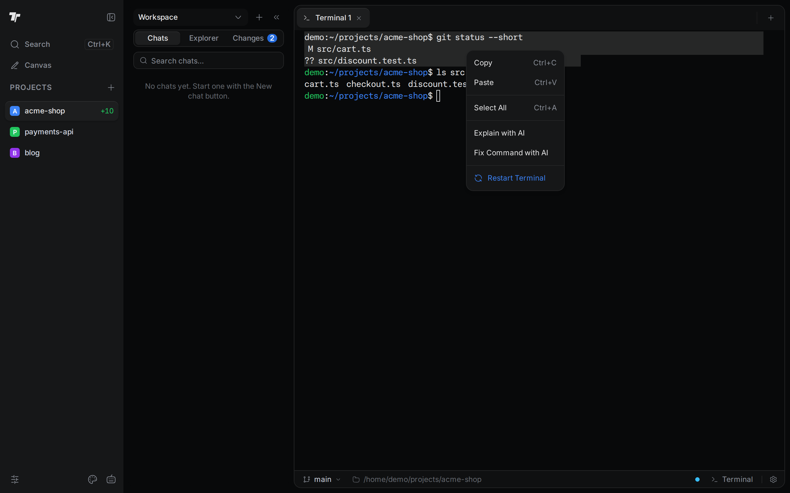 The terminal right-click menu with Copy, Paste, Select All, Explain with AI, Fix Command with AI, and Restart Terminal
