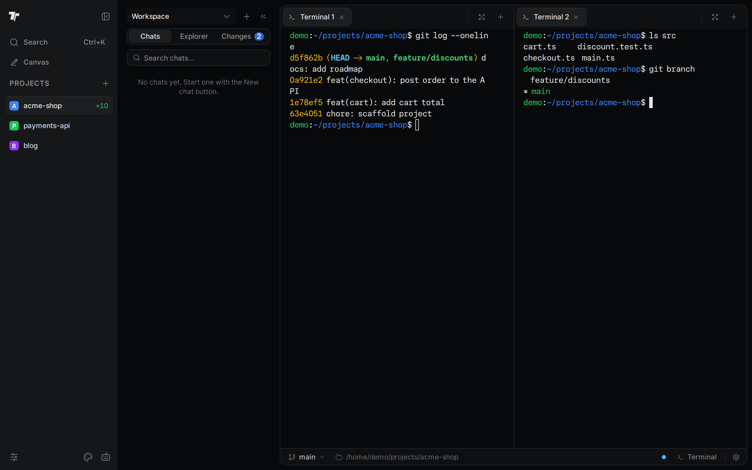 Two terminals side by side: git log output on the left, ls and git branch output on the right
