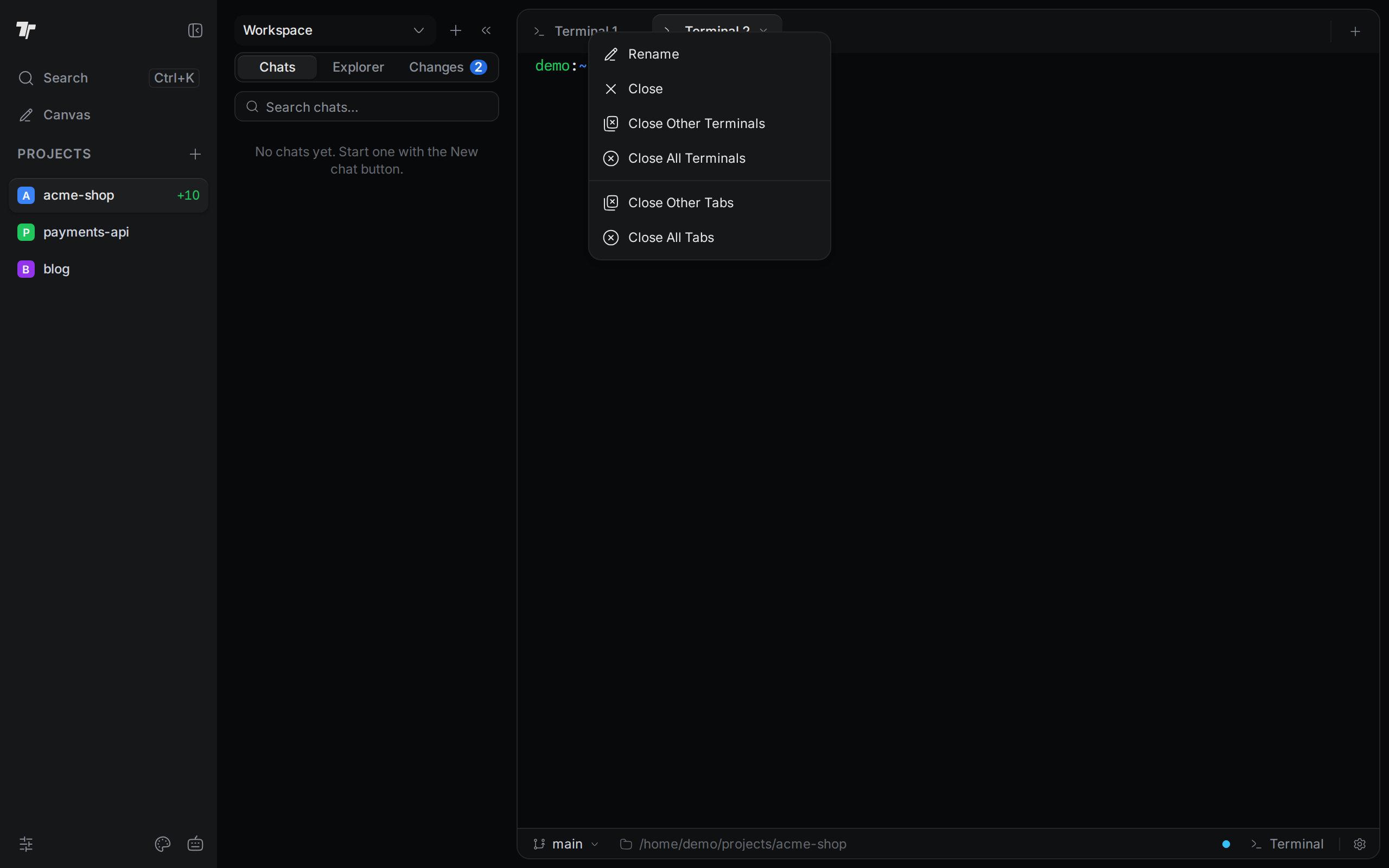 The tab menu for a terminal, with Rename, Close, Close Other Terminals, Close All Terminals, Close Other Tabs, and Close All Tabs